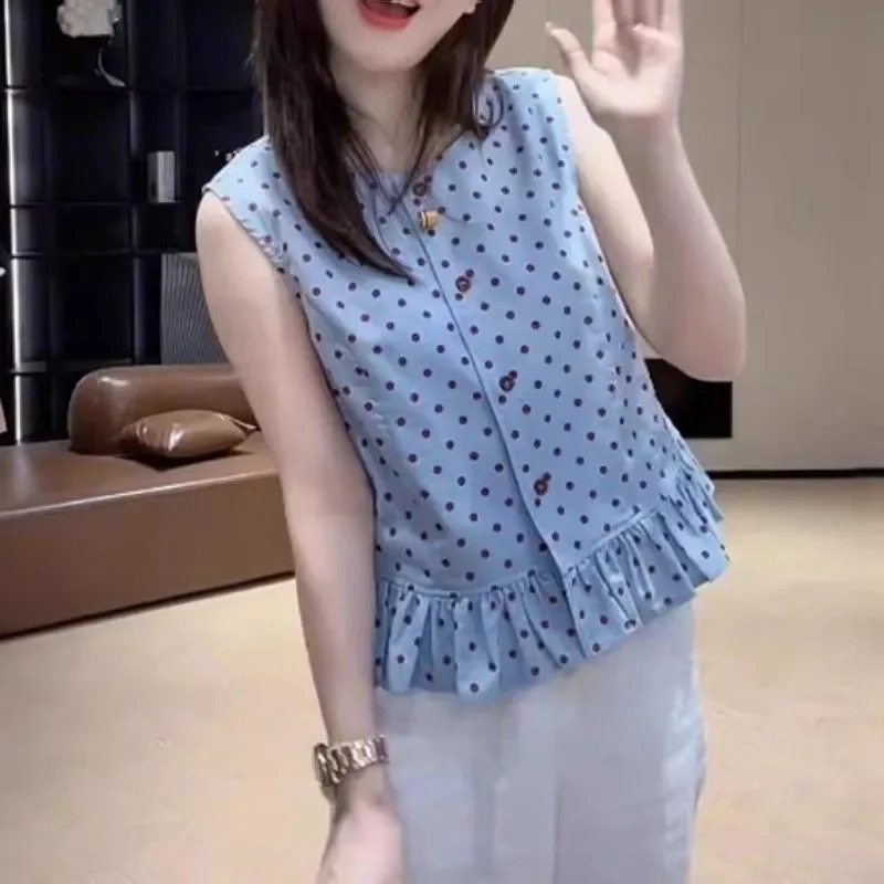 

Women's Korean Sweet Polka Dot Ruffle Trim Sleeveless Blouse Summer Plus Size Unique Beautiful Slim Vest Top