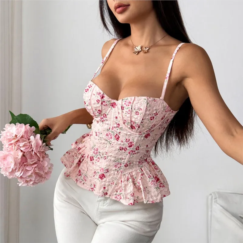 

Elegant floral print Tops Women Slim Lace Up Sleeveless Bandage Hem Top Female 2025 Summer Fashion Suspender Streetwears Lady