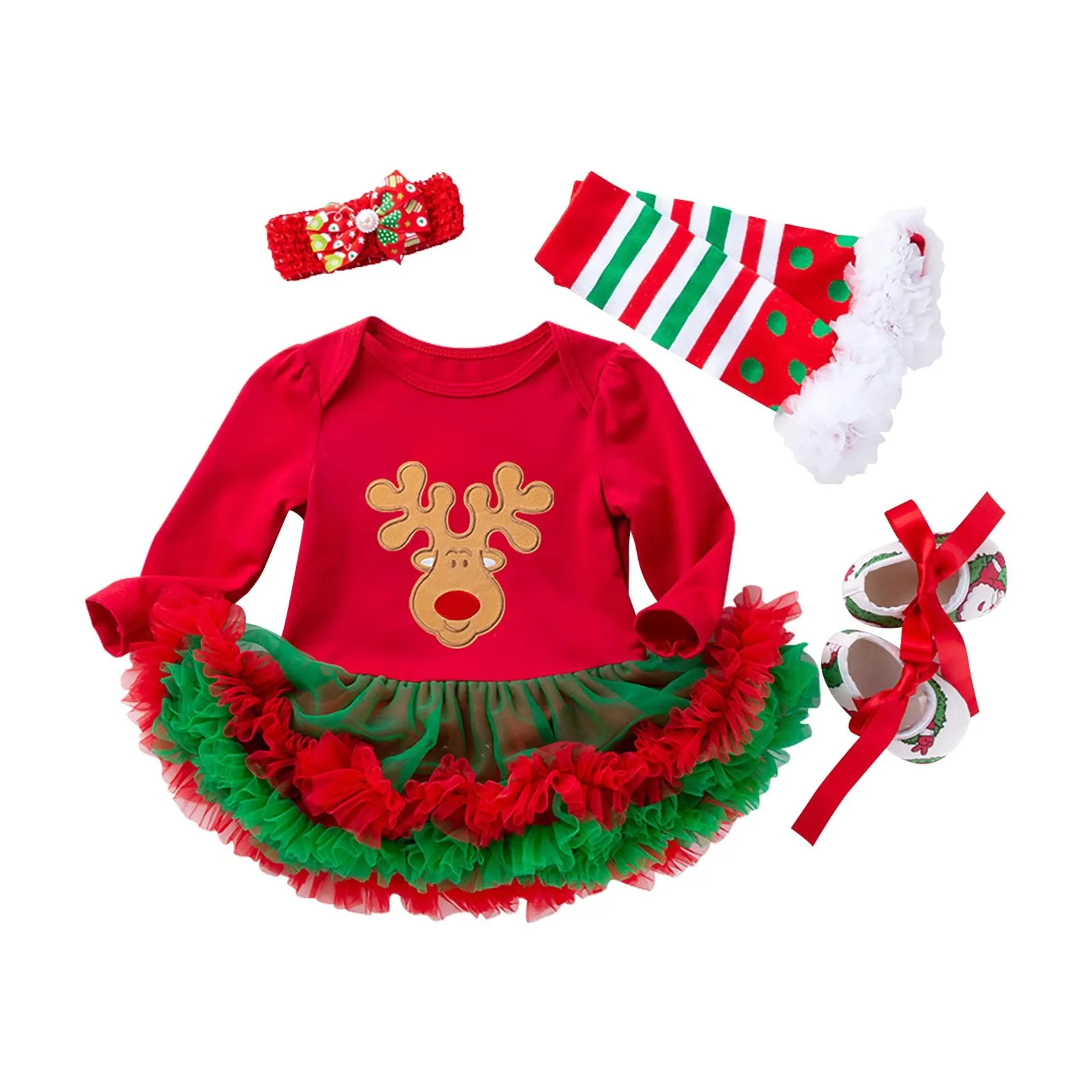 Christmas Baby Girl Holiday Clothes Newborn Winter and Autumn Long-sleeved Red Green Wrap Dress Princess Haori Dress 4-piece Set