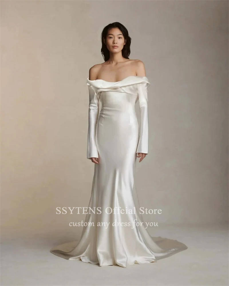 SSYTENS-vestidos De novia De satén con hombros descubiertos para mujer, De línea A traje De novia, largo hasta el suelo, manga larga