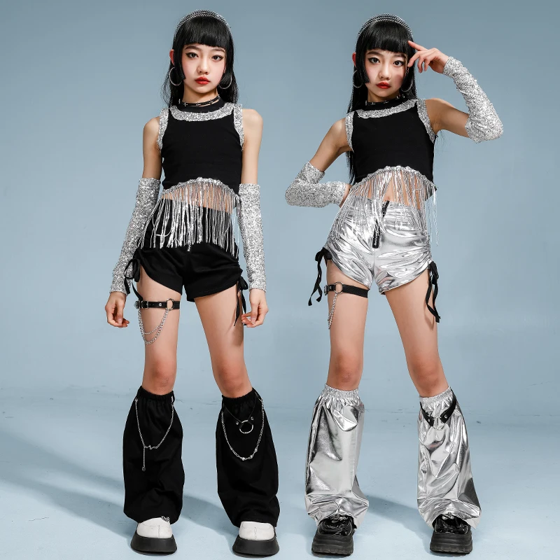 Tops cortos con borlas y lentejuelas para niñas de Hip Hop, faldas cortas de baile callejero, ropa de calle k-pop para niños, conjunto de ropa de Jazz, disfraz