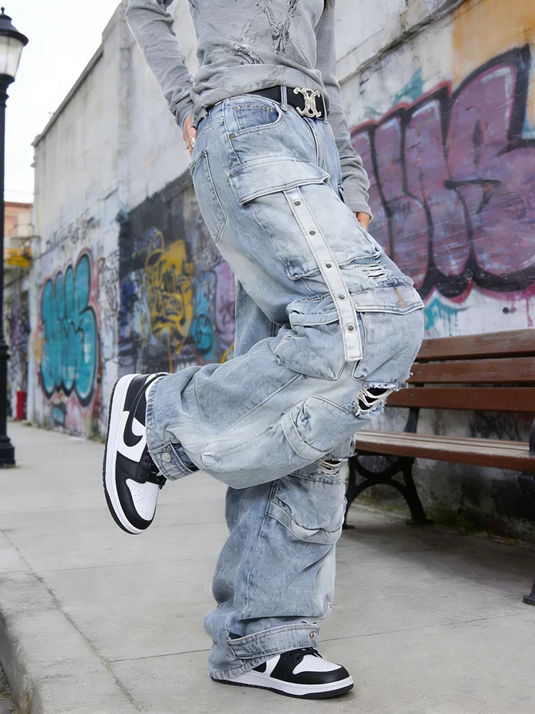 PBAP Destroyed Women Cargo Jeans Boyfriend Multi-pocket Light Wash High Rise Loose Casual Wide Leg Pants Retro Hiphop Streetwear