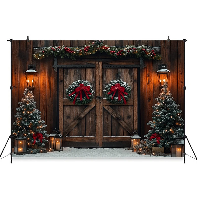 Mocsicka Photography Background Christmas Decor Photo Backdrop Green Xmas Tree Vintage Wooden House Door Pattern Shooting Banner