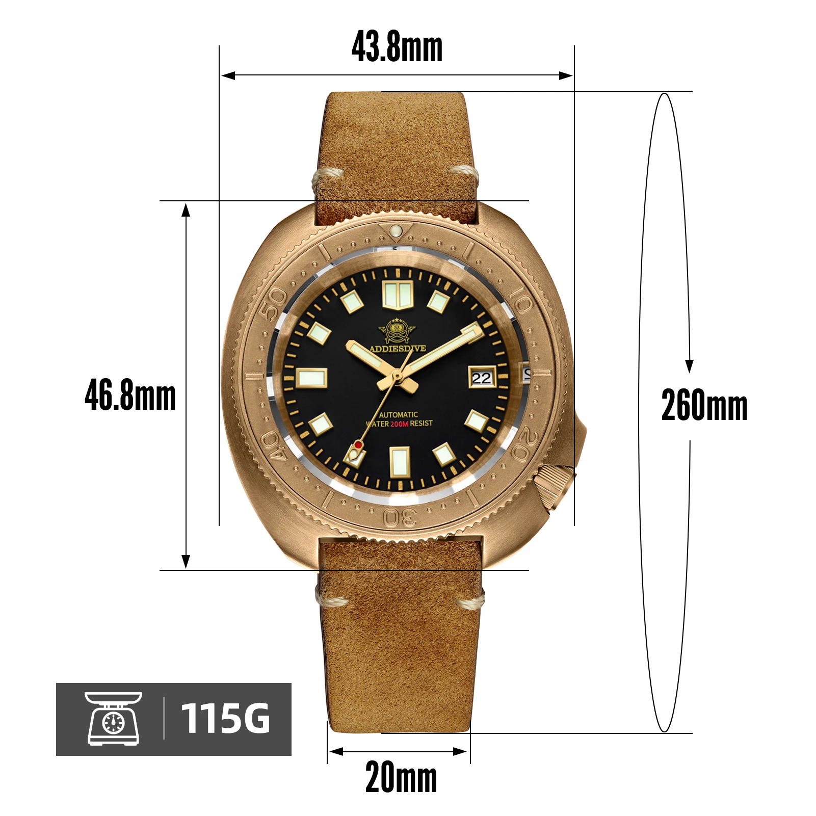 ADDIESDIVE Men‘s Bronze Automatic Watches Sapphire Glass Leather Analog Wristwatch Waterproof C3 Super Luminous Mechanical Watch