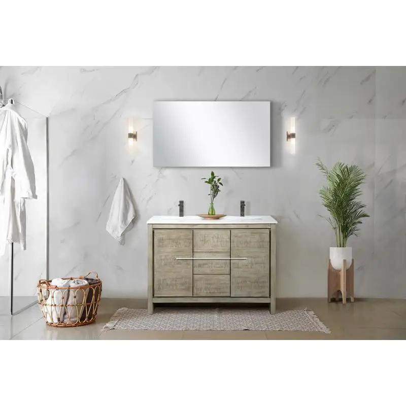 Vanity da bagno doppio rustico in acacia da 48 pollici con profondità 20", piano in marmo coltivato e set di rubinetti in canna di fucile