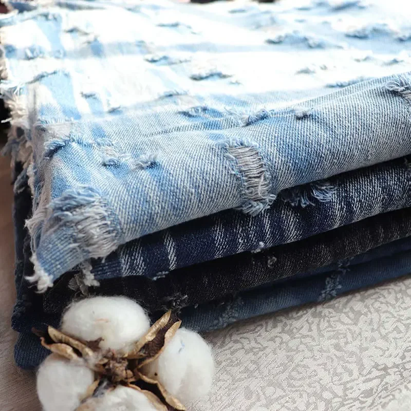 Vintage Blue Jeans Fabric With Broken Holes For Sewing Pants Jackets Blazer Fashion Denim  Fabric DIY Sewing Garment Material