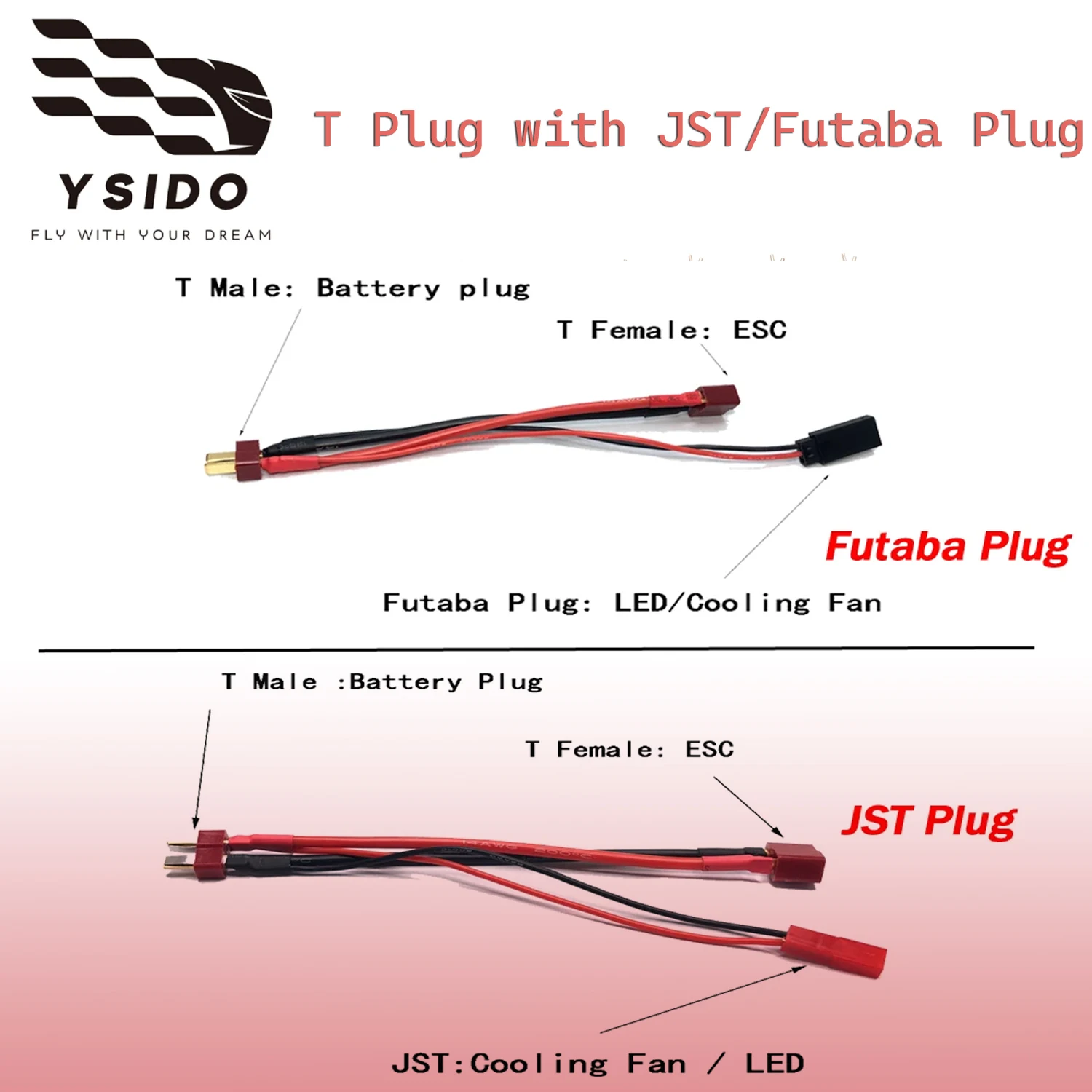 T Plug with JST/Futaba Plug Battery Cooling Fan LED Power Cable for Wltoys 144001 124018 Traxxas TRX-4 D90 D110 Axial RC Car