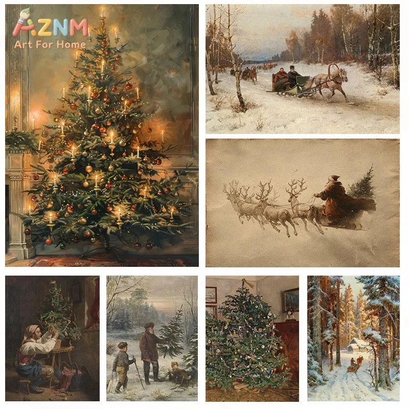 AZNM Vintage Christmas Oil Painting Canvas Print Xmas Tree Santa Reindeer Snowy Winter Scene Retro Holiday Home Wall Decor Unfra