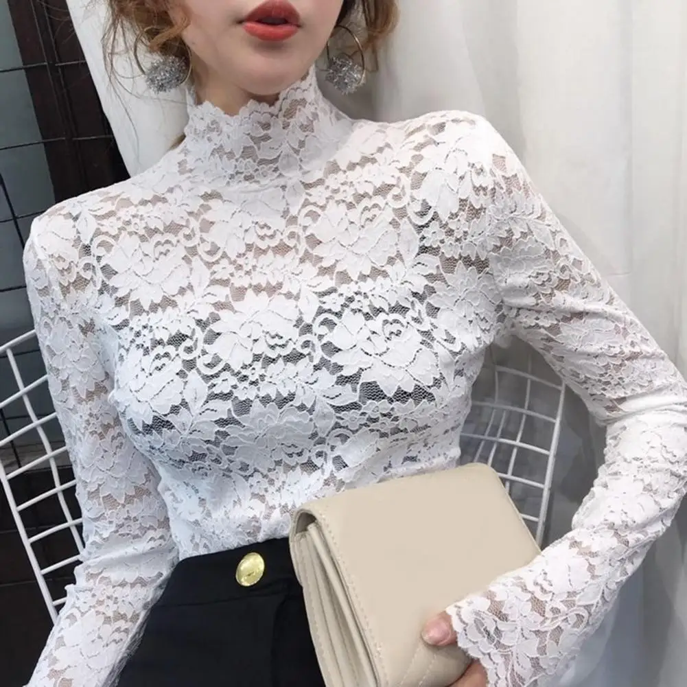 

Autumn Women Thin Lace T shirt Half High Collar Long Sleeves See-Through Slim Crochet Patchwork Hollow Blouses Top Streetwear