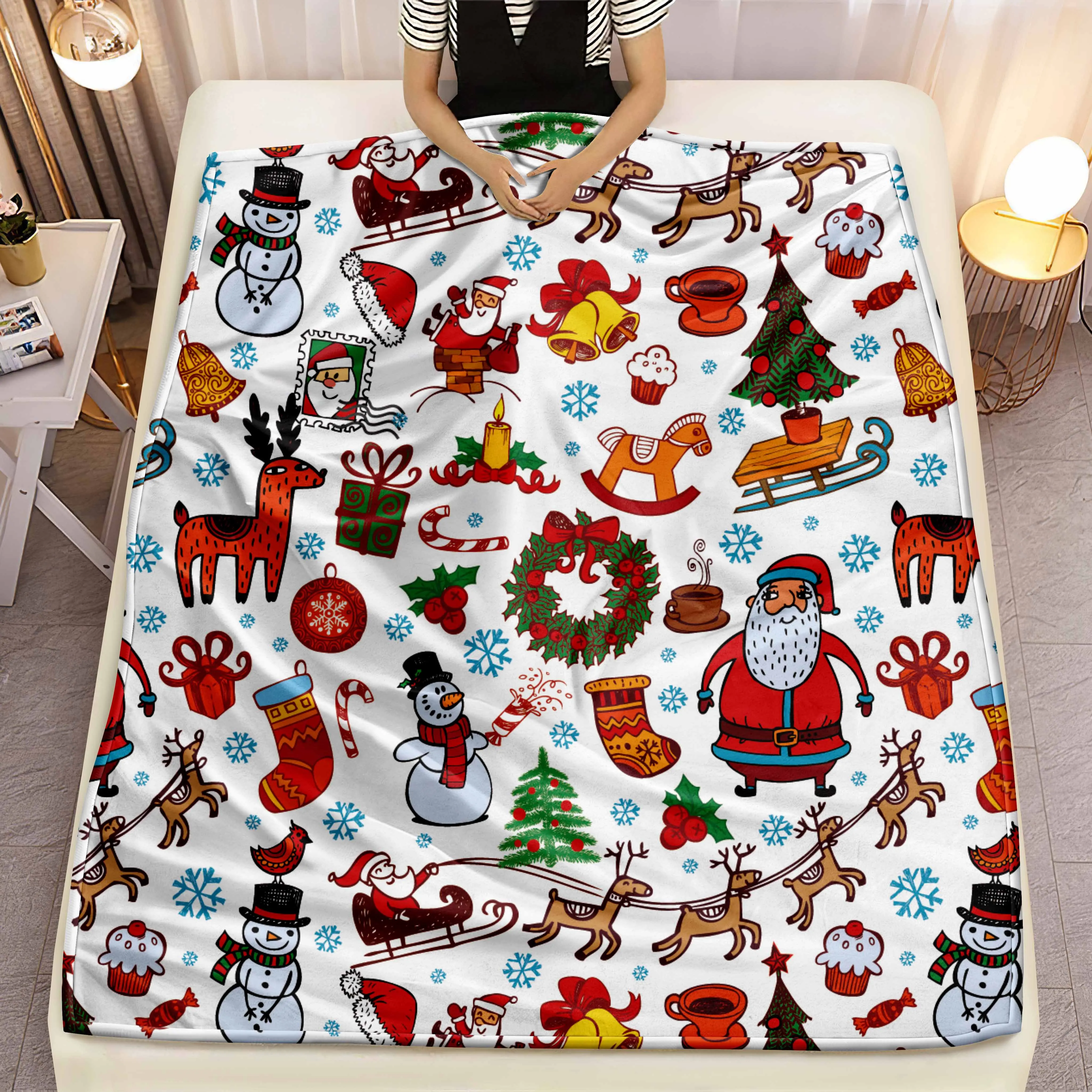 1pc Christmas wreath Microfiber Throw Blanket,Xmas Leisure Cover Blanket,Elk Lunch Break Blanket Home Travel Camping Blanket