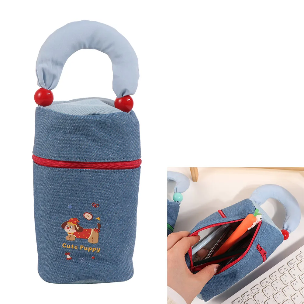 Puppy Pattern Cartoon Pen Holder Large Capacity Sweet Pencil Storage Bag Trendy with Handle Multi-layer Stationery Bag