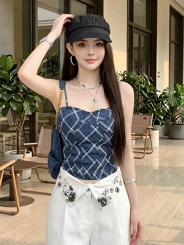 

Элегантный синий клетчатый жилет без рукавов на бретелях, женская модная приталенная верхняя одежда, весна-лето, новый стиль, короткая длина, теплая.