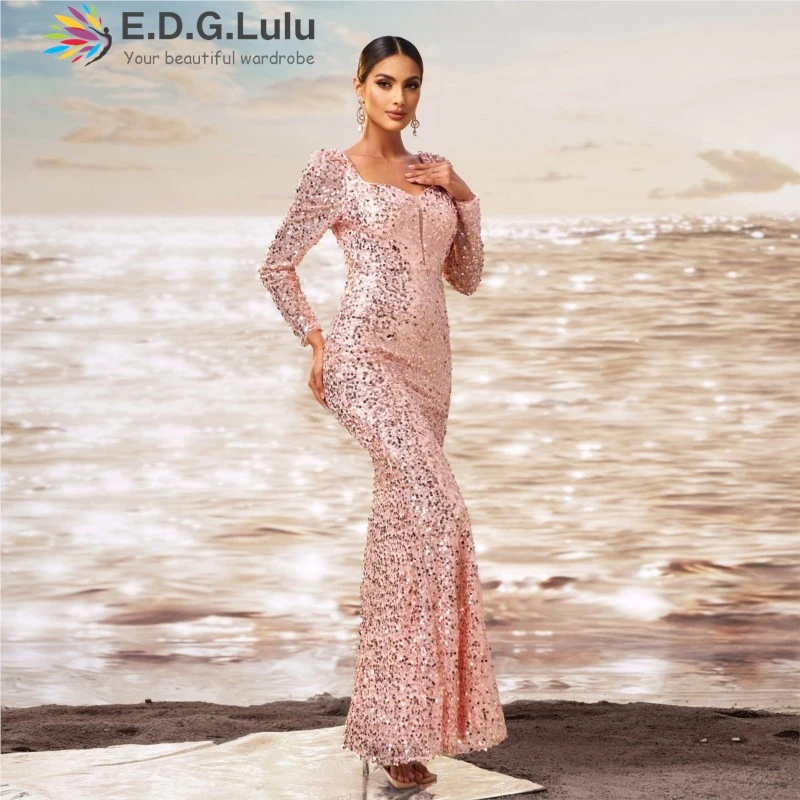 EDGLuLu  Square Collar Long Sleeved Golden Sequined Evening Dress Elegant Backless Bodycon Long Fishtail Party Gown 1223