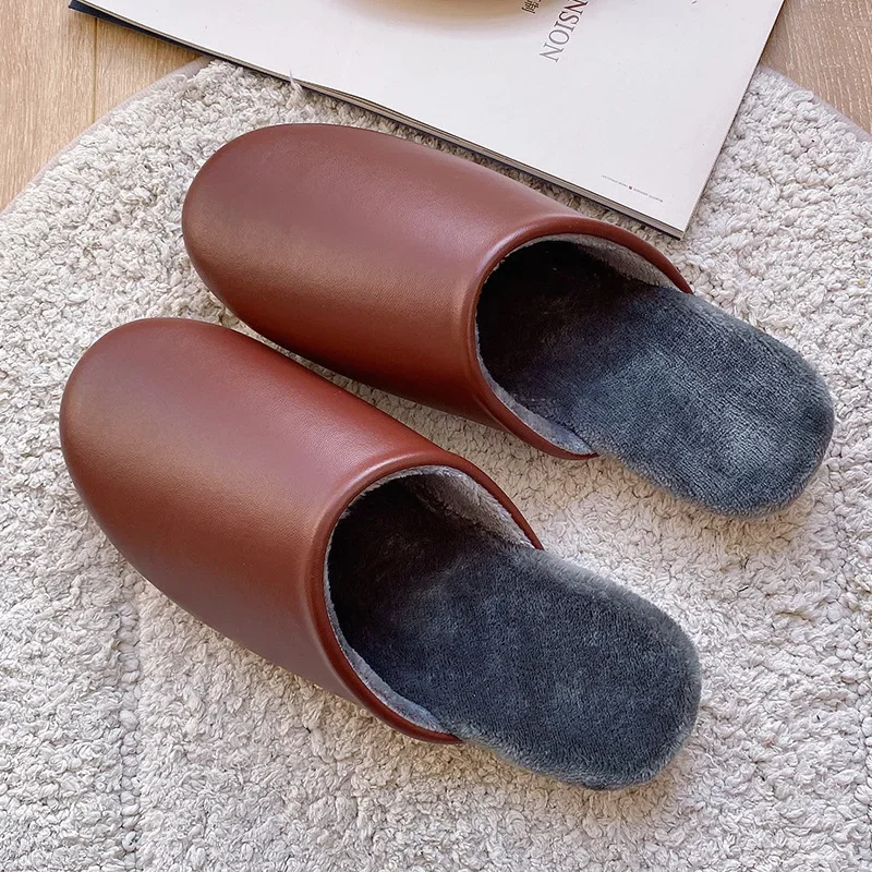 Waterproof Leather Slippers Men Cotton Home Shoes Fashion Winter Warmer Indoor Househ Non-slip Women House Couple Slippers Shoes