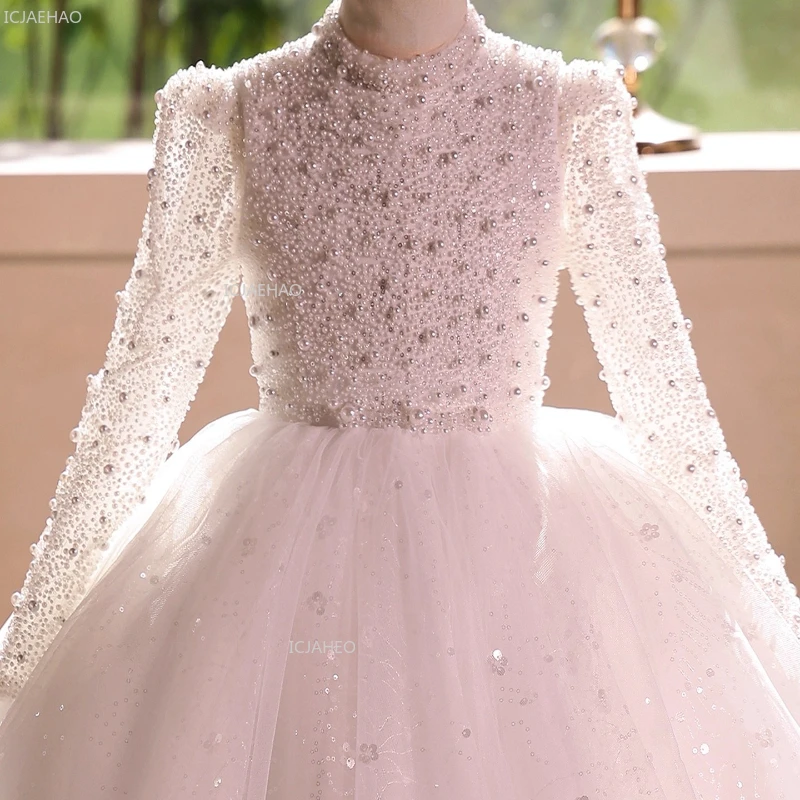 Girls Long Sleeve Princess Party Dress Children Performance Fashion Show Pageant Formal Flower Girl Wedding Gown for Host Piano