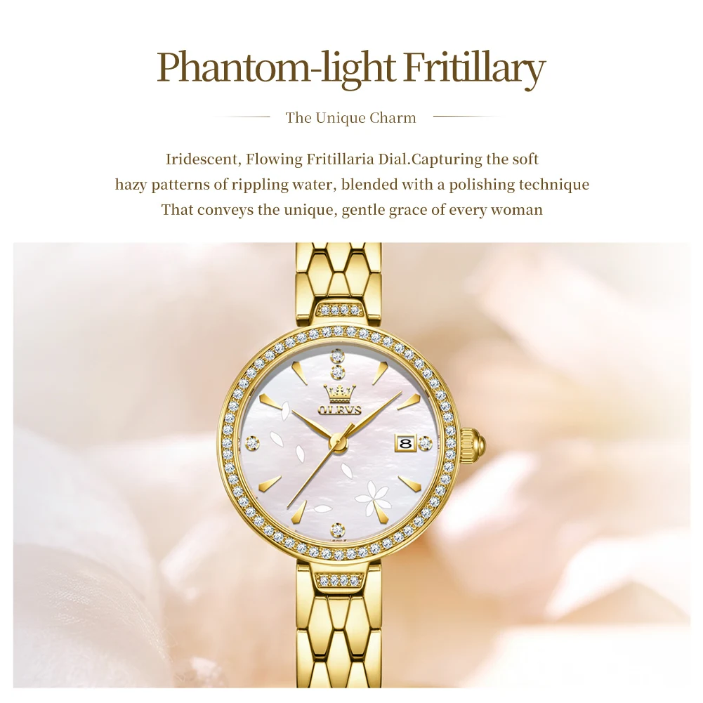 OLEVS 5689 Women's Gold Quartz Watch, Mother of Pearl Dial Crystal Bezel, Steel Bracelet Date Watch for Ladies, Waterproof