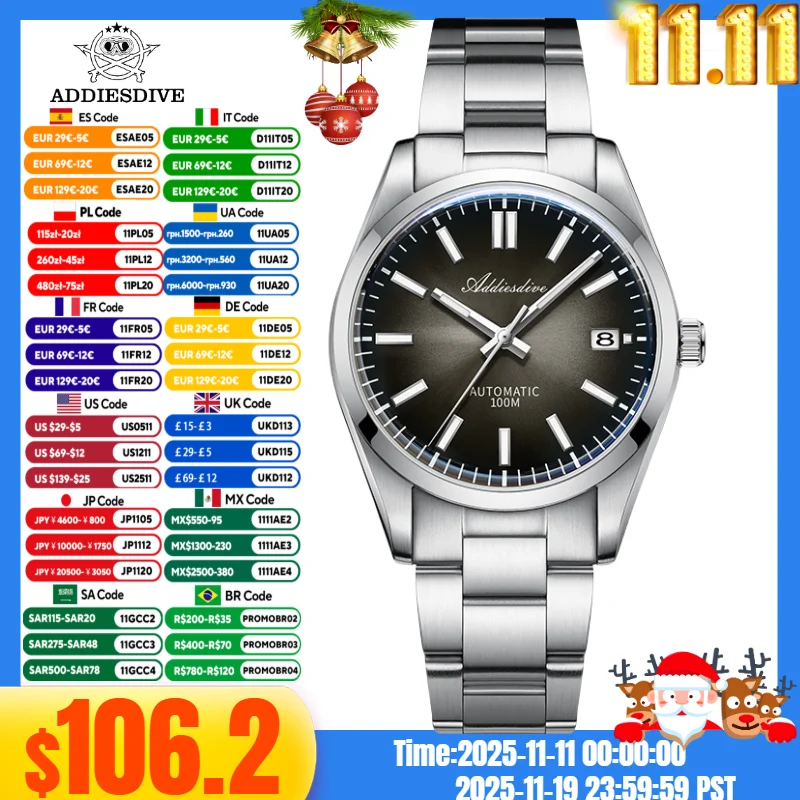 

ADDIESDIVE NEW Watch For Men Sapphire Crystal 10Bar Waterproof Japan NH35A Sunburst Dial Automatic Mechanical Watches