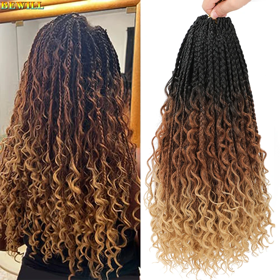 

18-дюймовые косички в богемном стиле с эффектом омбре, вязанные крючком волосы, вьющиеся концы, 1-8 упаковок, предварительно заплетенные в стиле бохо, 3X косички в коробке, синтетические плетеные волосы