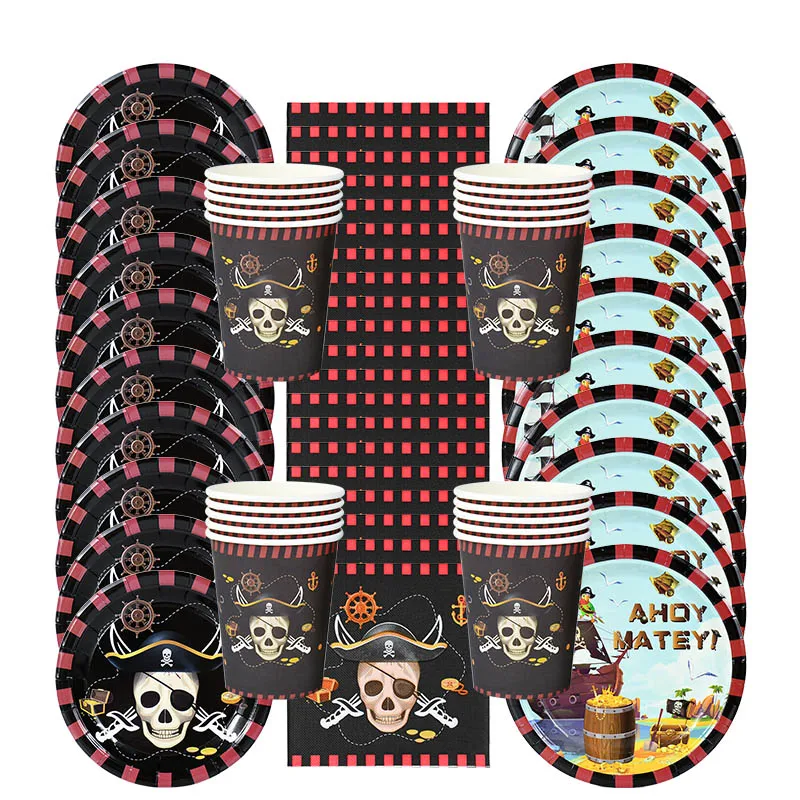 Pirate Theme Party Disposable Tableware Pirate Treasure Paper Plates Cup Napkin Tablecloth Halloween Party Supply Birthday Decor