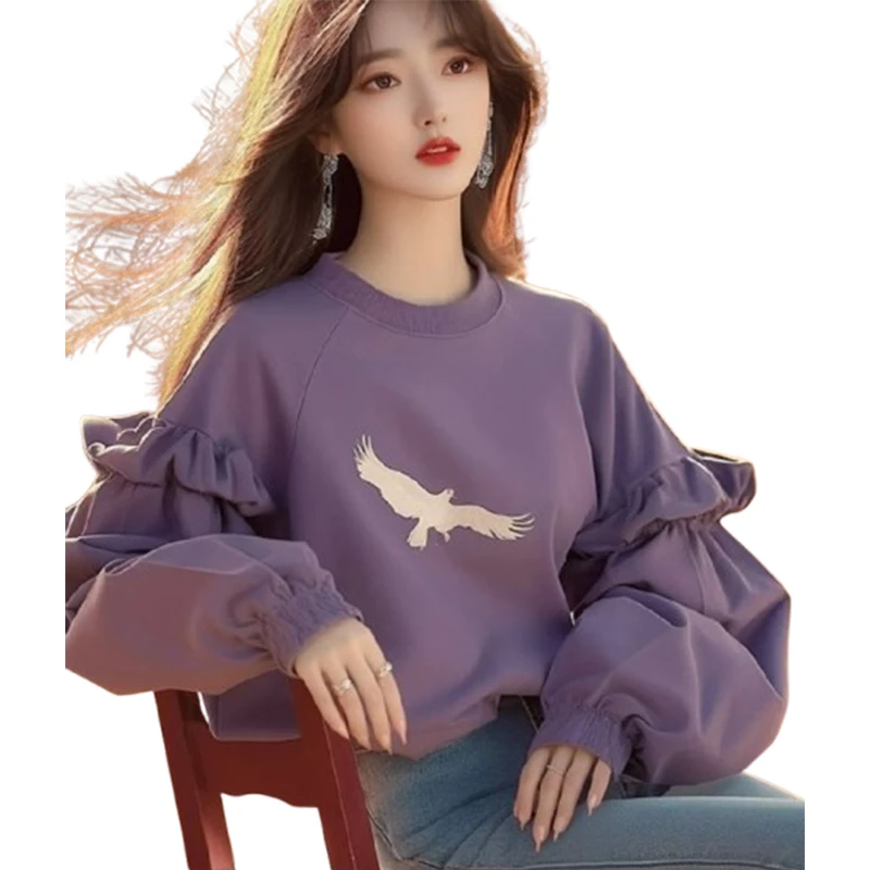 여성 인쇄 운동복 긴 프릴 슬리브 보라색 느슨한 풀오버 가을 새로운 패션 캐주얼상의