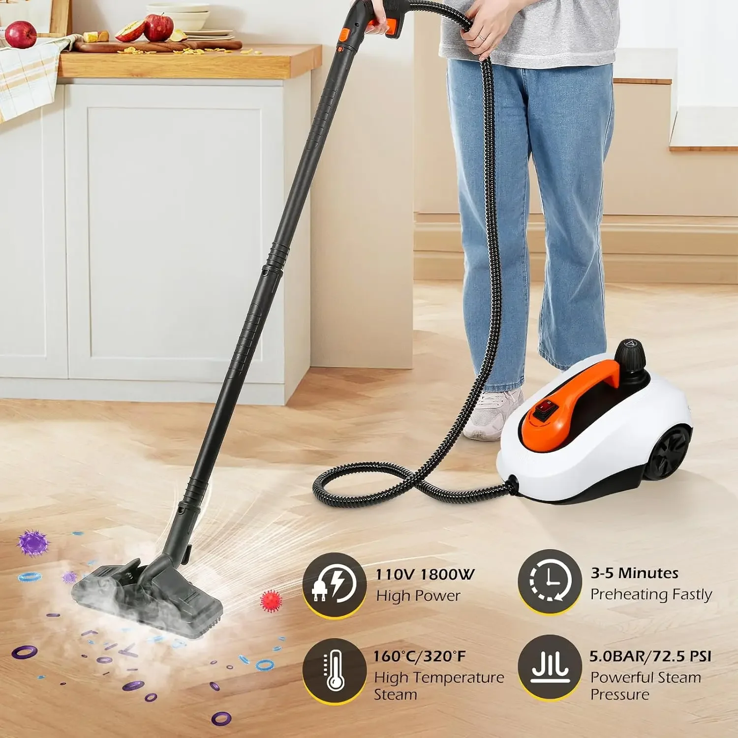 1800W Multipurpose Steam Cleaner for Home Use 5.0 BAR High-Pressure Steam Cleaner for Car Detailing 320°F High-Tempe