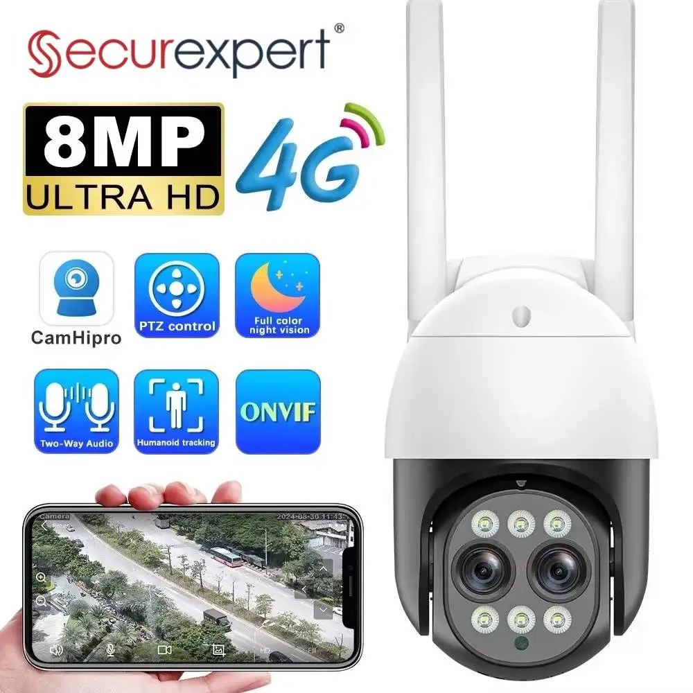 

4K 4G IP Camera 3.6-6mm Dual Lens 8MP HD Night Vision PTZ Camera Human Detection Two-way Audio Video Security Camera Camhi Pro