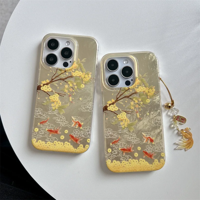 money tree goldfish lucky charm Pendant Phone case For iPhone 16 15 14 13 Pro Max Case Cute Luxury Chinese style Cartoon Cover
