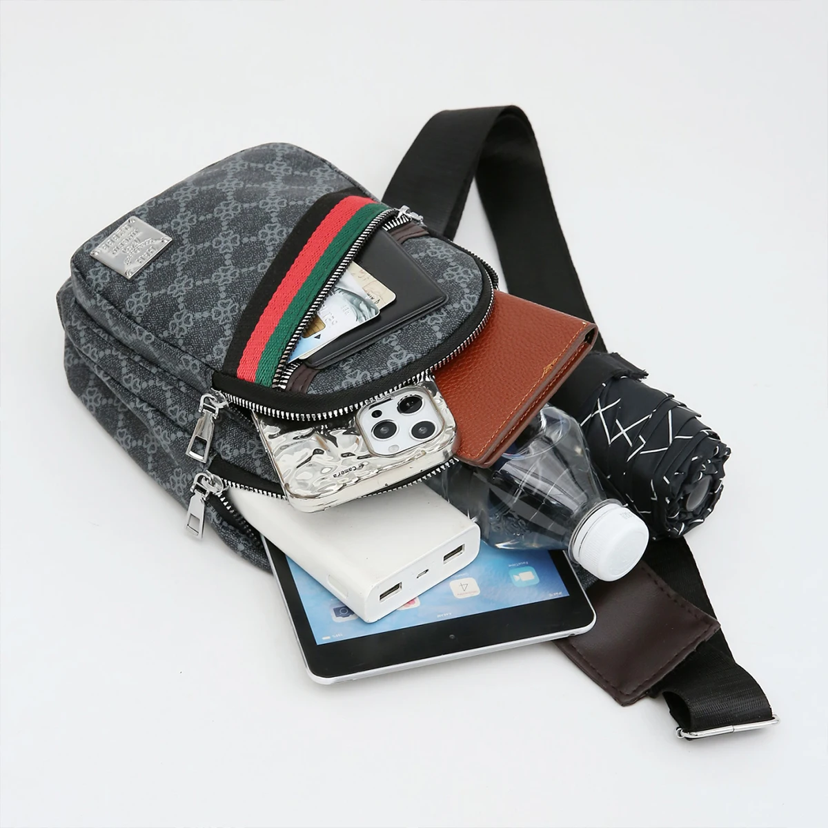 Sporty Functional chest bag for Men & Women Geometric Print Multi-Pocket PU Headphone Port  shoulder bag for Commute Sports view 4