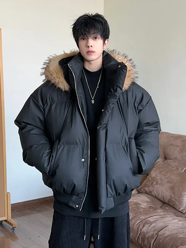

American Sle Thiened ort down Jaet with Fur Collar Removable PU Leather Windproof Warm Outdoor Sport Casual Coat