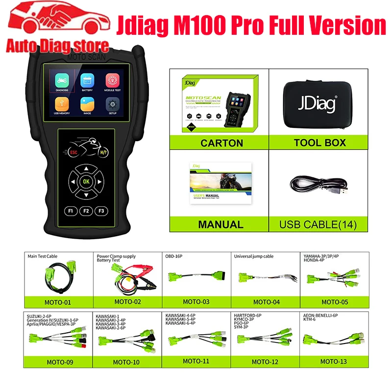 

Диагностический сканер JDiag M100 Pro для мотоциклов, OBD2 инструмент для диагностики неисправностей, считыватель кодов мотоциклов для BMW, Kawasaki, Yamaha, Suzuki, KTM