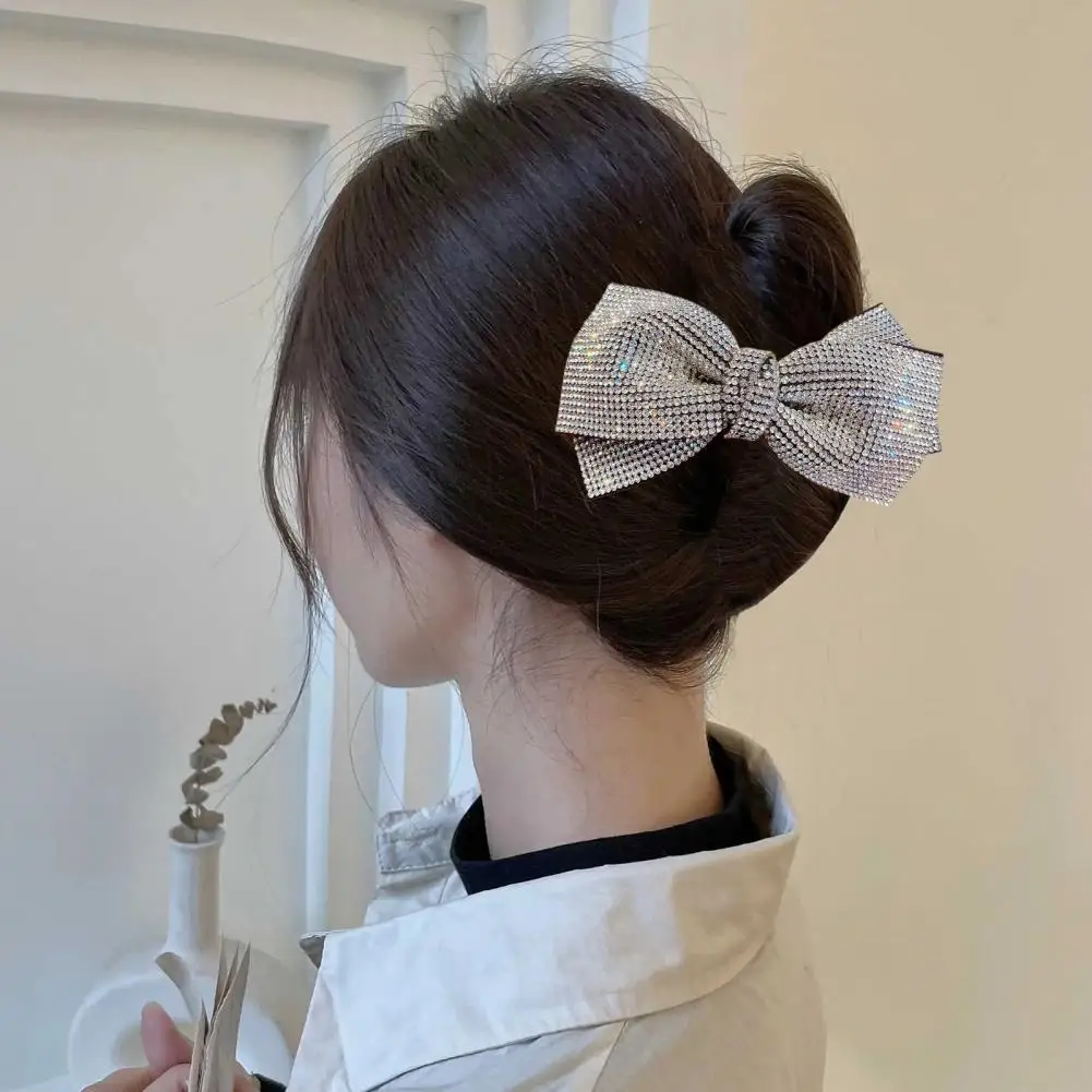 Bow Hairpin Non-Slip Anti-fall Stable-fixed Strong Grip Anti-crack Shiny Rhinestone Spring Clip Hair Barrette Daily Wear Supply