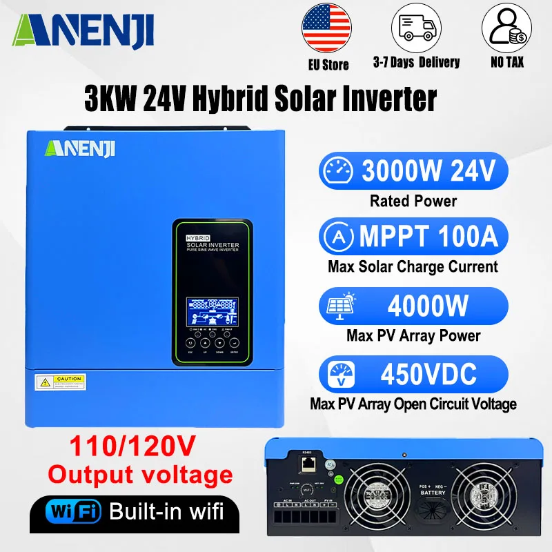 24V 3000W 120V off grid solar inverter 4000W maximum PV input pure sine wave built-in 100A MPPT hybrid inverter US stock
