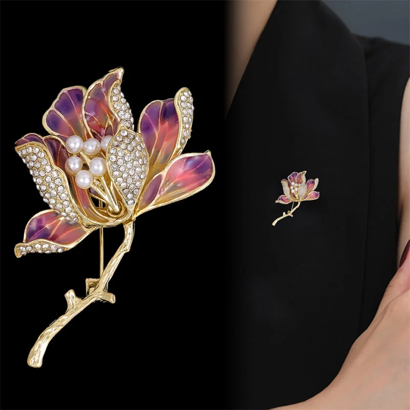 Fashion Rhinestone Pearl Haitang Flower Brooches For Women Clothing Coat Party Acccessries Gifts