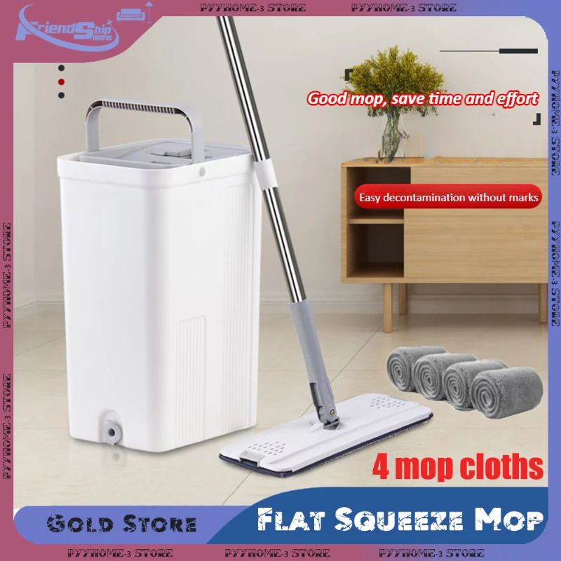 Flat Squeeze Mop with Bucket Set Hands-Free with Washable Microfiber Pads Mop Set Home Cleaning Tools for Home Floors Wet or Dry