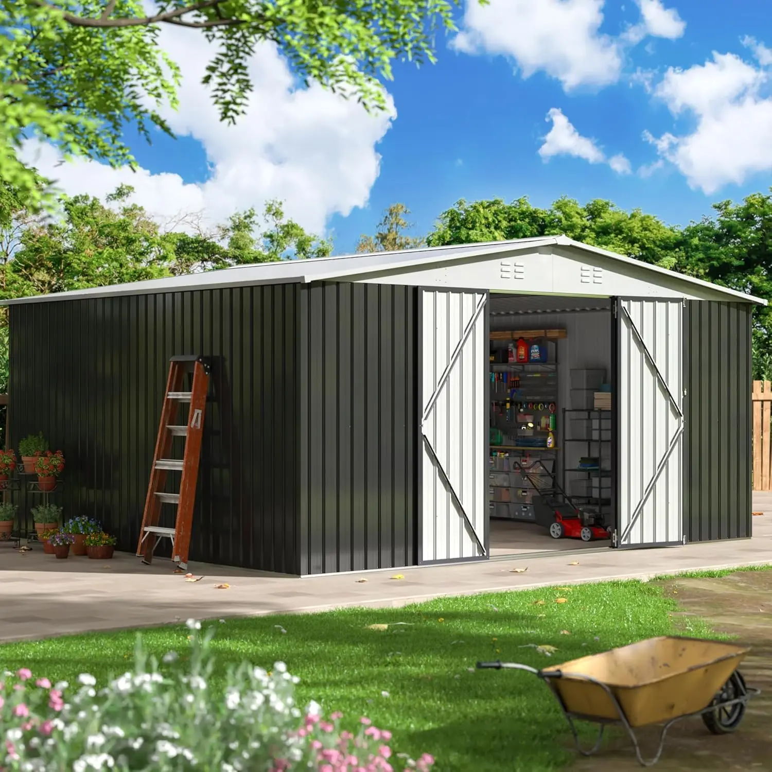 

12x14 FT Outdoor Storage Shed, Garden Shed with Updated Frame Structure and Lockable Doors, Metal Tool Sheds for Backyard Garden