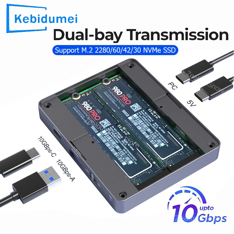 Dual-Bay M.2 NVME SSD Enclosure USBC 3.2 GEN2 10Gbps Docking Station M.2 NVME PCI-E External Hard Disk Box for M2 SSD M/B&M Key