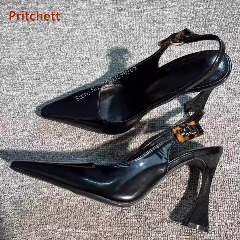 

Pointy Toe Leopard Buckle Pumps Thin Heel Shallow Solid Black Patent Leather Women's Sandals Buckle Strap Slingback Shoes