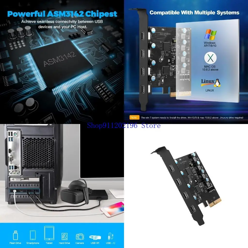 

P82A PCIE до USB 3.1 20 Гбит / с Gen2 4 PORTS TYPE C CARD Двойной USB A + Три тип -преобразователя адаптера ASM3142