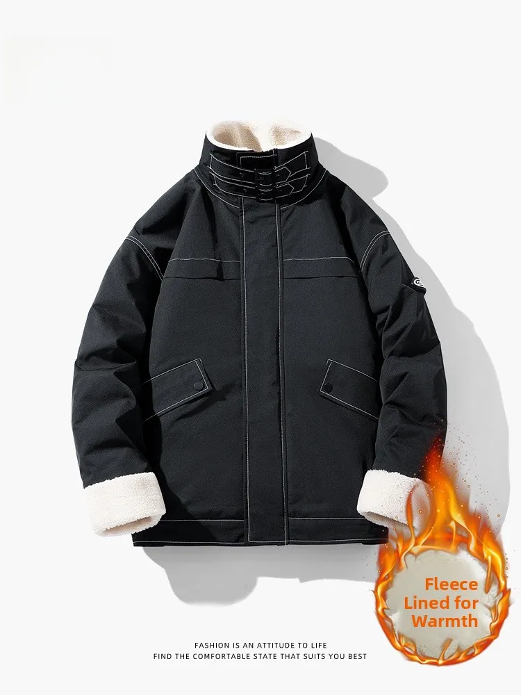 

Men's Lamb Velvet Jaet Loose Fit Thiened Stand Collar Warm Cotton Workwear Casual Sle Winter Outerwear Polyester Fiber