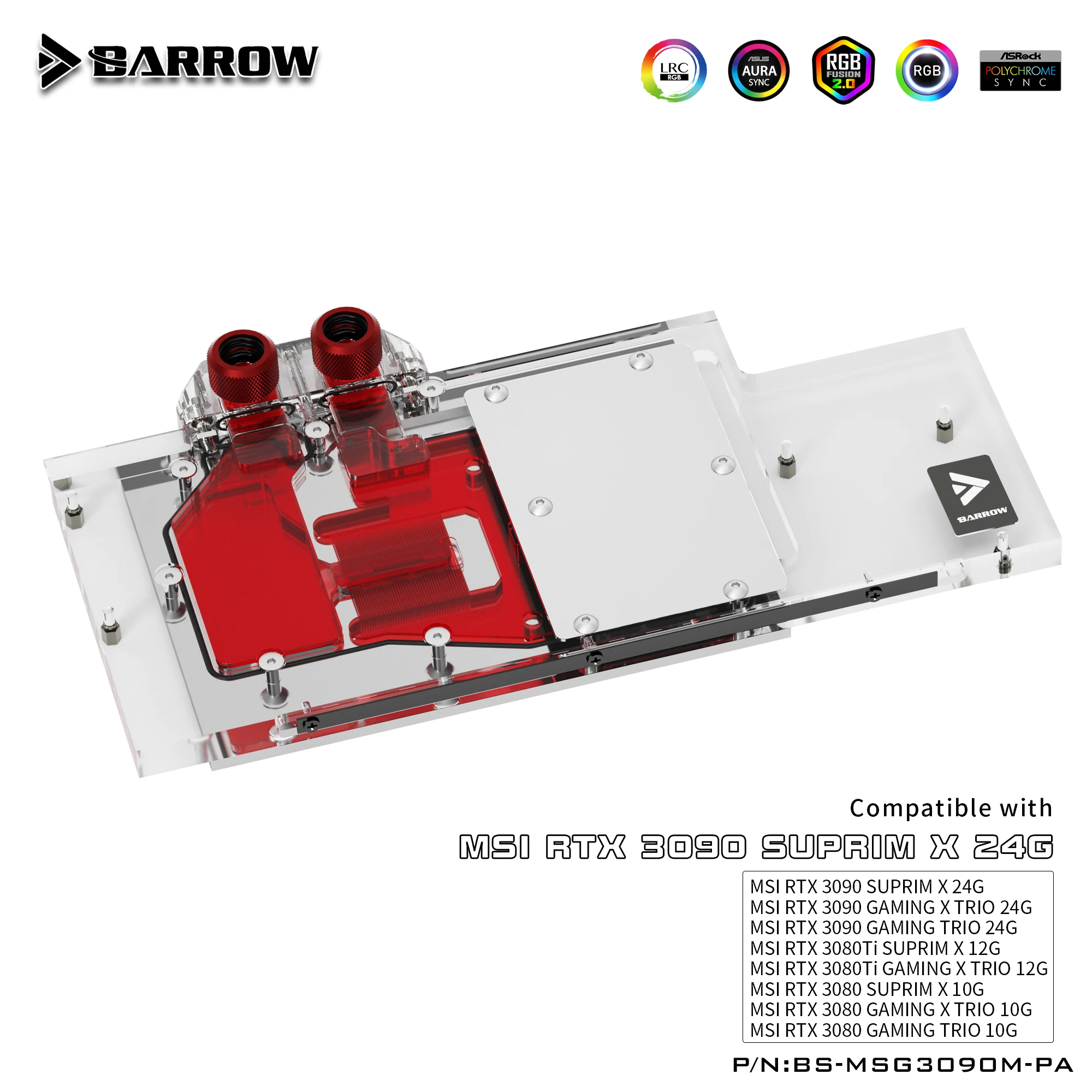 

BARROW BS-MSG3090M-PA 3080 3090 GPU Water Block Active Backplate Cooler For MSI RTX 3090 3080 GAMING X TRIO Water Cooling