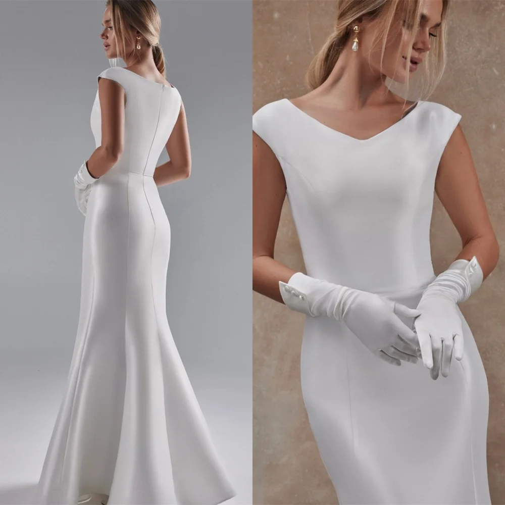 

Customized Mermaid Formal Satin Wedding Dresses Luxury V-Neck Cap Sleeve Heavy Industry Wedding Dresses Vintage White Gown