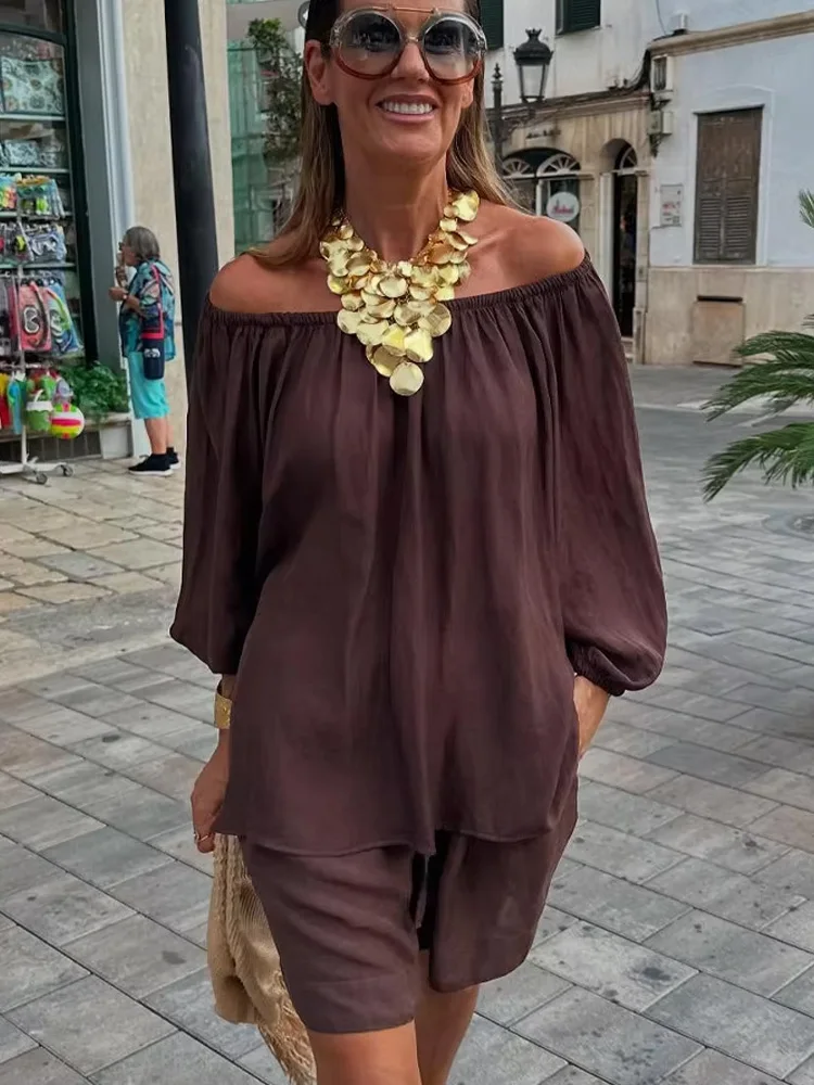 HH-Top decorativo de hombro de rocío de manga larga para Mujer, Top + cintura elástica con cordón y bolsillos, Mini conjunto corto liso para Mujer