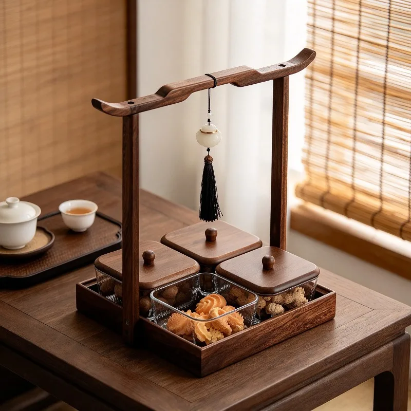 Chinese Style Walnut Wood Fruit Tray with Handle Compartment Candy Nut Snack Plate for Living Room Tea Table Home Decoration