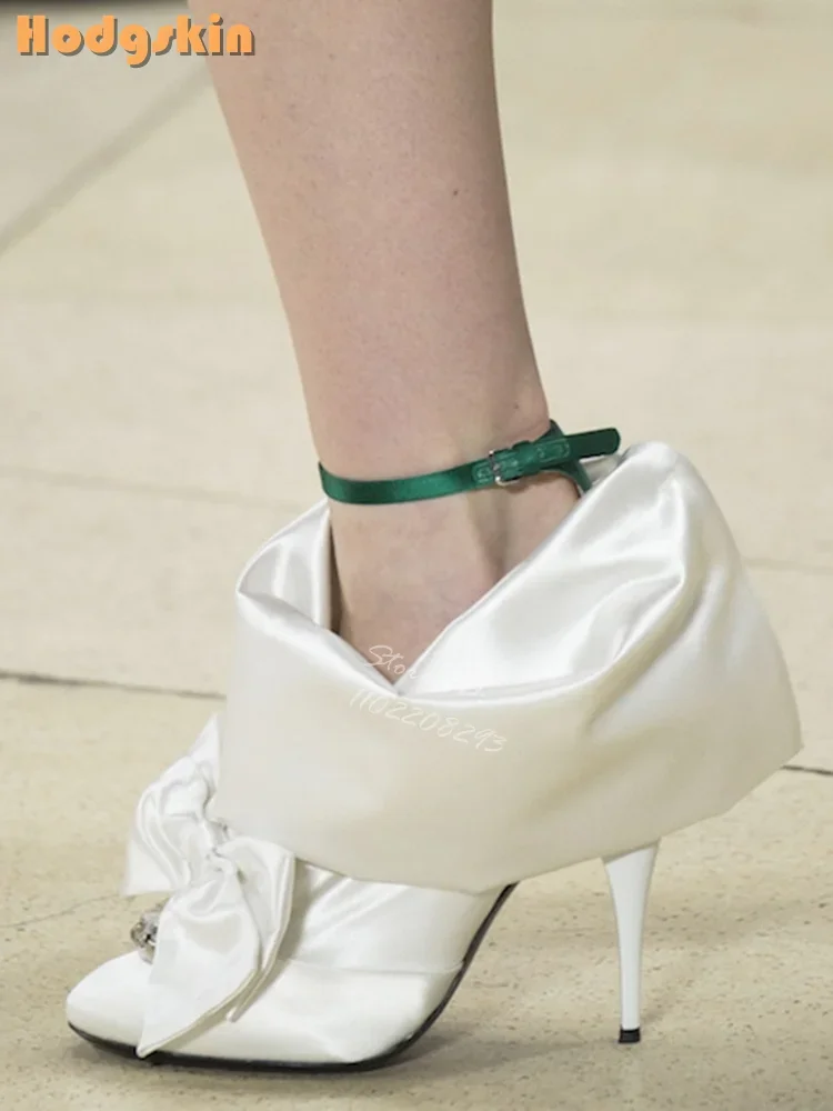 

Silk Butterfly-knot Pumps Crystal Decor Turned-over Edge High Heels Solid Pointed Buckle Straps Fashion Shoes Women 2025 New