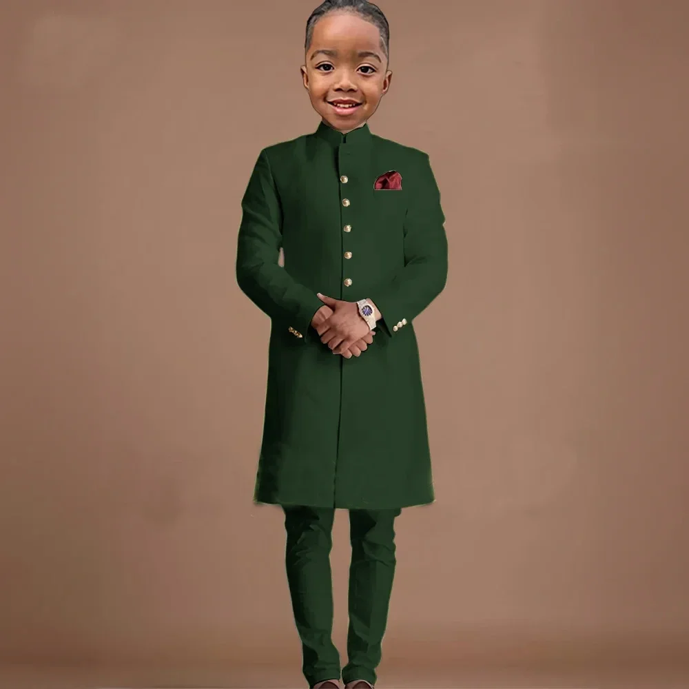 Black Boy Suits Formal 2 Pieces Long Jacket with Pants for Wedding Stand Collar African Outfits Child Slim Fit Customized Set