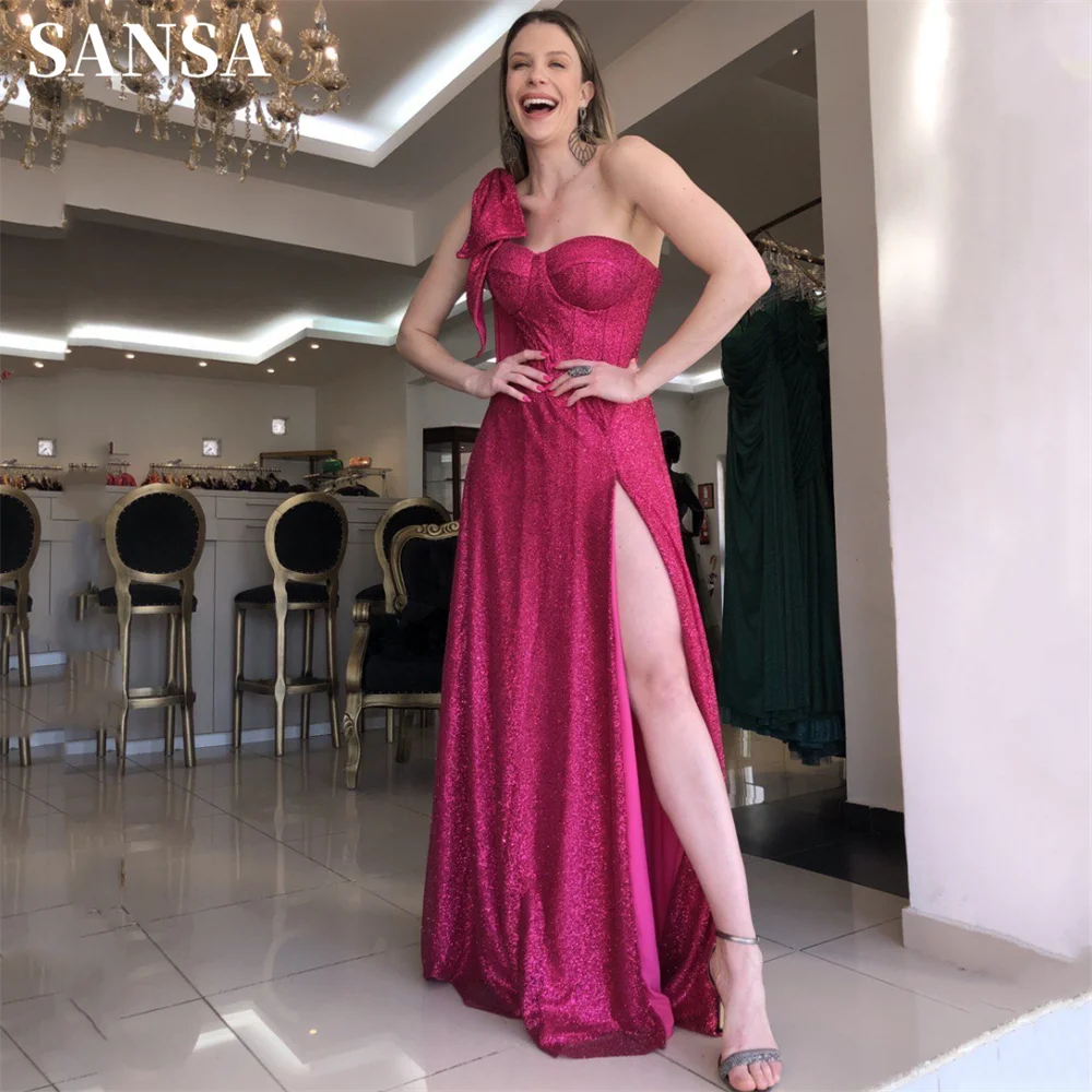 Sansa Gliiter One Shoulder Prom Dress Shiny Side High Split Vestidos De Noche Sexy Floor Lenght Maxi فساتين سهره فاخره 2023