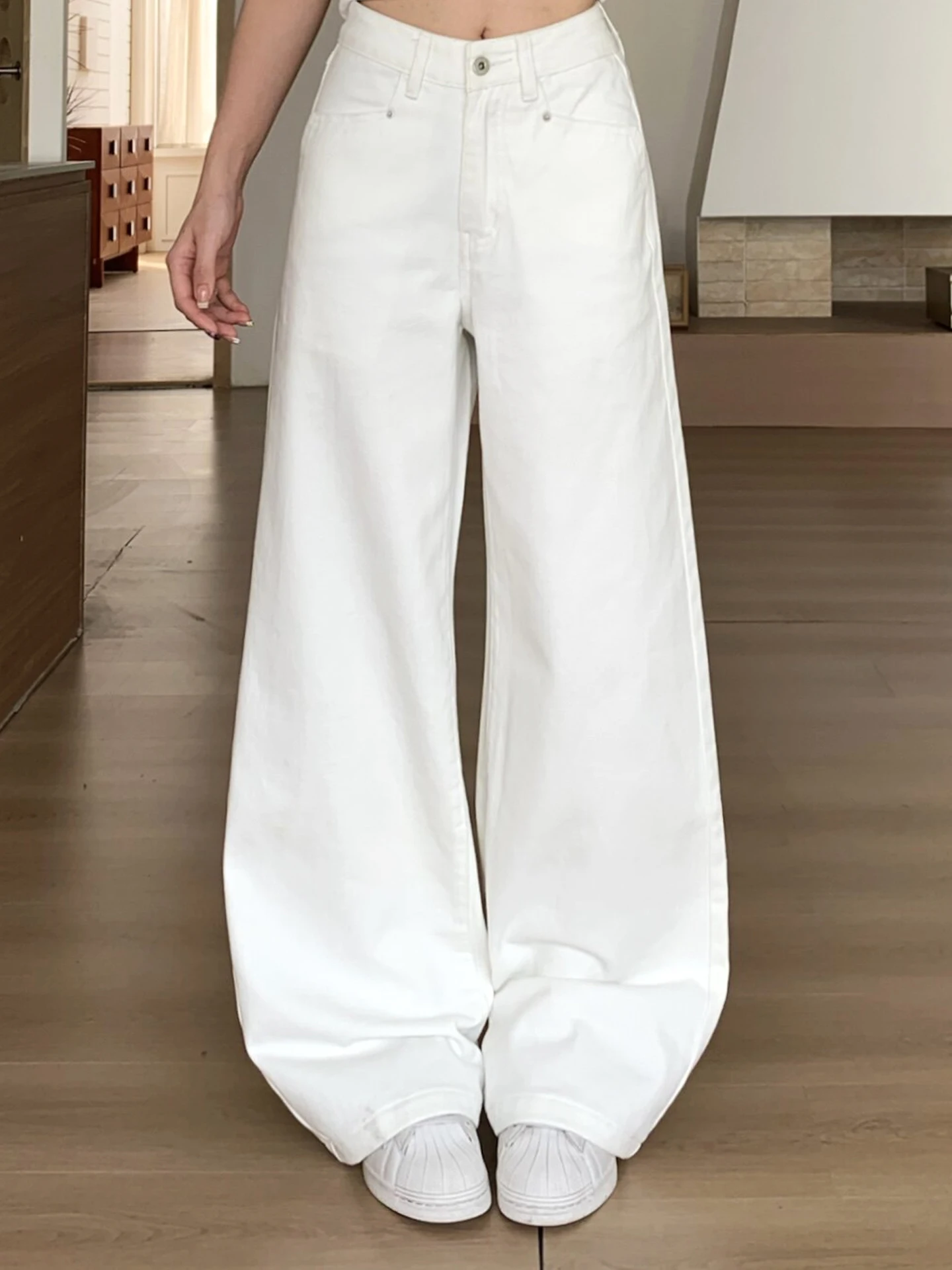 

Retro Slim Straight White Denim Jeans Women's Spring Autumn Drape Loose Floor-Length Wide Leg Pants Casual Cotton Blend