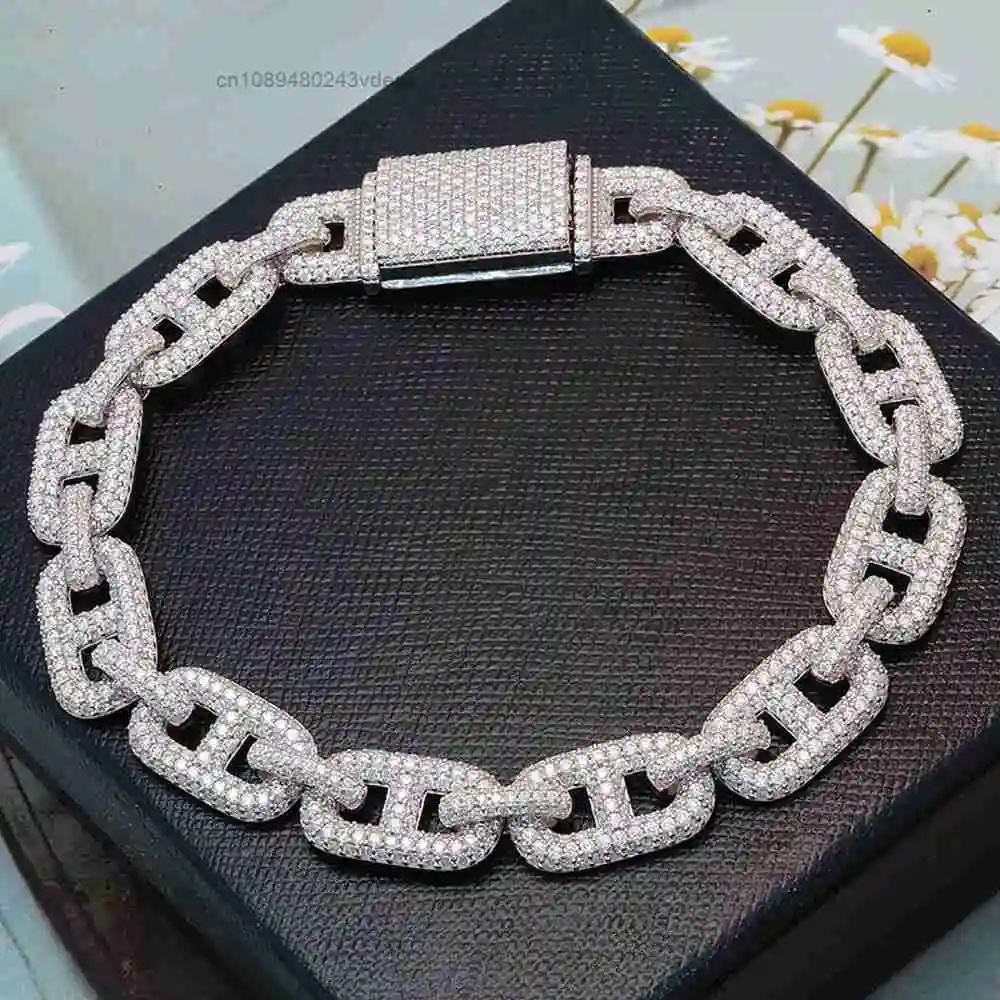 Pass Diamond Tester 925 Sterling Silver Setting 15mm Iced Out Moissanite Hip Hop Cuban Link Chain Miami Necklace Jewelry.