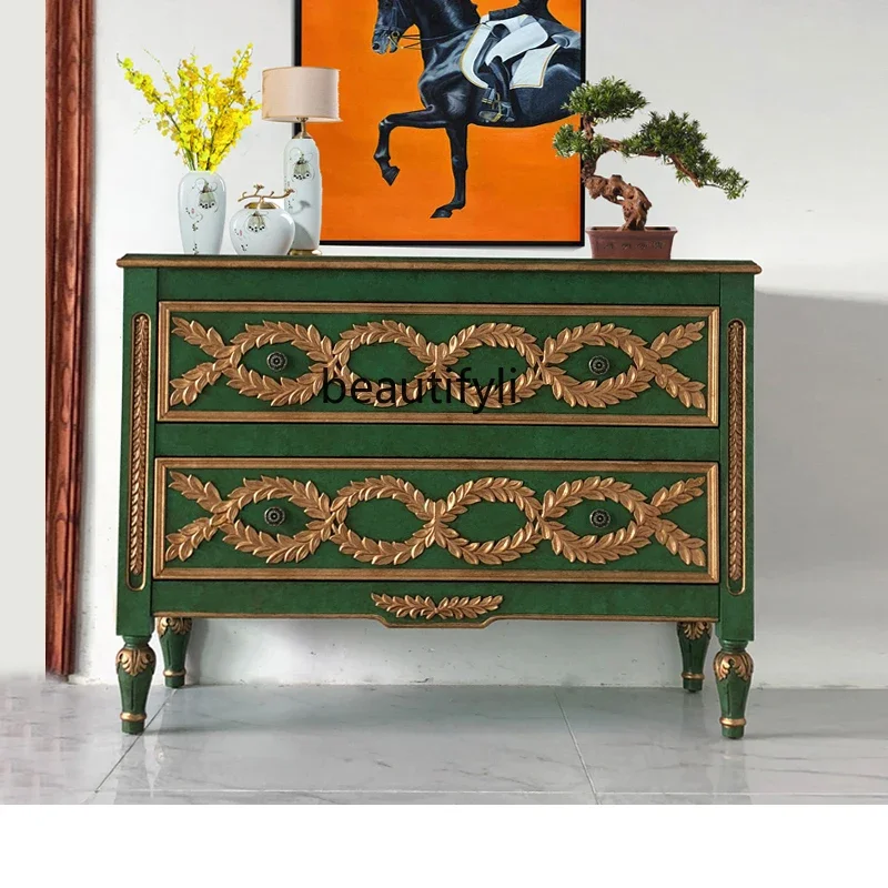 K185 Light Luxury Entrance Green Decorative Cabinet French Olive Branch Sideboard European Style Gold-Embossed Storage Cabinet