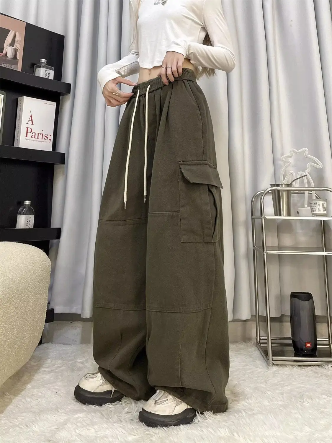 Wijde pijpen broek geribbeld dames lente gestreepte buikcontrole plooien sportkleding tailleband chic geplooid stedelijk kawaii soild twill retro